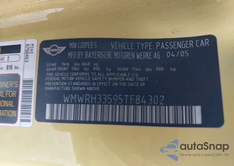 2005 Mini Cooper S from USA, damaged, VIN WMWRH33595TF84302